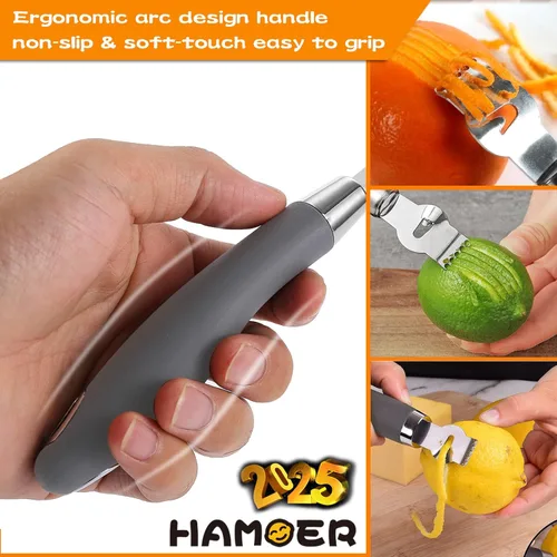 Vista 2 de Citrus Lemon Zester & Channel Knife Tool para barra de cocina, hoja de acero inoxidable, diseño ergonómico, mango de madera y mango de goma