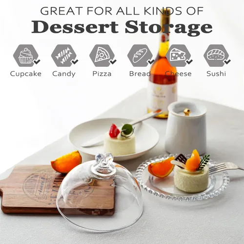 Vista 3 de Kanpura Plato de Cristal para Pastel de 7" con Cúpula, Soporte para Pastel con Tapa, Bandeja de Servir de Vidrio con Patrón Redondo con Tapa