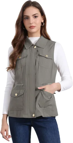 Vista 13 de Allegra K Chaleco de viaje para mujer con bolsillos, chaleco utilitario cargo sin mangas de verano Negro