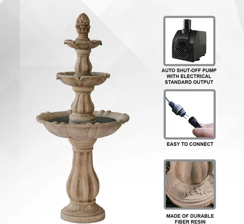 Vista 12 de XBrand Fuente de cascada independiente de 3 niveles para exteriores de 51 pulgadas con bomba y remate de piña, beige