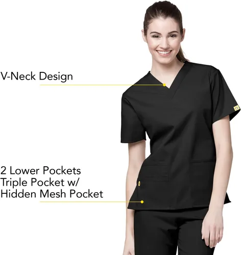 Vista 3 de Bata quirúrgica para mujer Wonderwink con 5 bolsillos y cuello en V