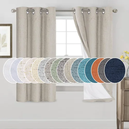 Vista 310 de PrinceDeco Cortinas con textura de lino 100% opacas de 64 pulgadas de largo, juego de 2 paneles de cortinas de lino opacas con forro aislante Arena