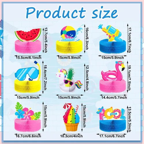 Vista 2 de Teling 9 piezas de centros de mesa de panal de abeja de verano para piscina, playa, decoración 3D de doble cara sandía panal de abeja flamenco