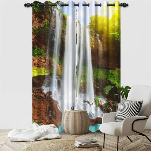 Vista 67 de Cortinas opacas para ventana con vista de cascada, día soleado, amanecer, primavera, paisaje natural, cortinas de ventana con aislamiento térmico