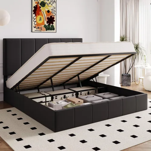 Vista 15 de Allewie Marco de cama de almacenamiento elevable de terciopelo de tamaño completo, cabecera capitonada de canal vertical, almacenamiento hidráulico