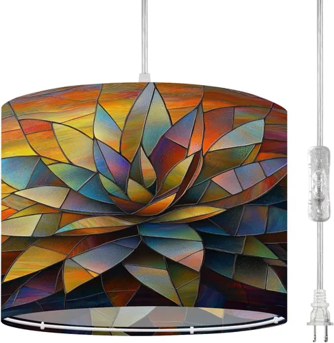 Vista 21 de Plug in Pendant Light Succulent Field Stained Glass Panel Hanging Lamp with Plug in Cord 16.4 ft Dimmable Hanging Light for Bedroom Kitchen Island