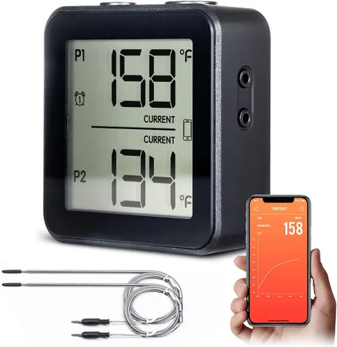Termómetro inalámbrico Bluetooth para carne con doble sonda para parrilla, ahumador, barbacoa, alarma de temporizador doble, aplicación inteligente,