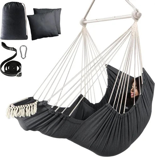 Vista 7 de Chihee Silla hamaca colgante con reposapiés, 2 cojines, máximo 500 libras, barra separadora de metal resistente, plegable, fácil almacenamiento