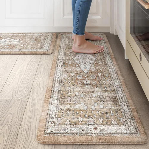 Vista 18 de Collive Alfombras y Tapetes Boho para Cocina 2 PIEZAS Alfombra Antifatiga Acolchada, Juego de 2 Alfombras de Cocina Impermeables Antideslizantes