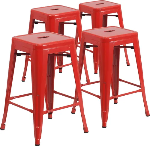 Vista 14 de Taburete de 24 pulgadas de alto para interior y exterior con asiento cuadrado., Metal, Negro