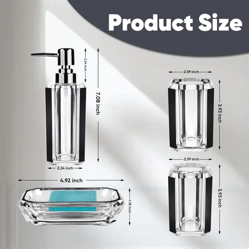 Vista 3 de 4 piezas de juego de accesorios de baño de acrílico premium, botella de desinfectante de manos, can de loción para baño, caja de jabón de botella