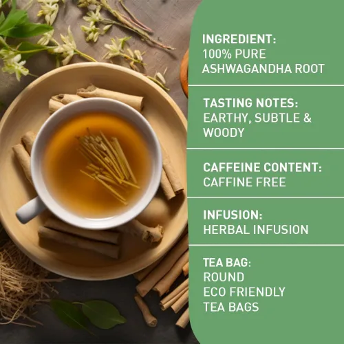 Vista 3 de HANDPICK, Té de raíz de Ashwagandha (100 bolsas de té) Sin cafeína, sin gluten Empaquetado en bolsas de té ecológicas