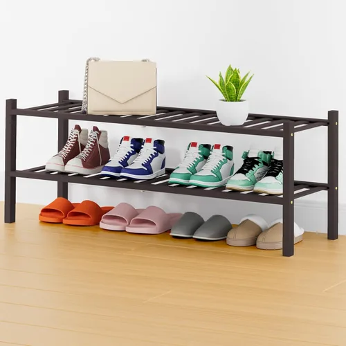 Vista 146 de Smiry Zapatero pequeño de bambú de 2 niveles, apilable, estante de almacenamiento de zapatos de madera para armario, entrada, entrada de puerta Negro
