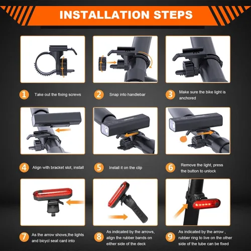 Vista 7 de Juego de luces de bicicleta para conducción nocturna, juego de luces USB para bicicleta, faro delantero y trasero de bicicleta, modos de luz de 3/5