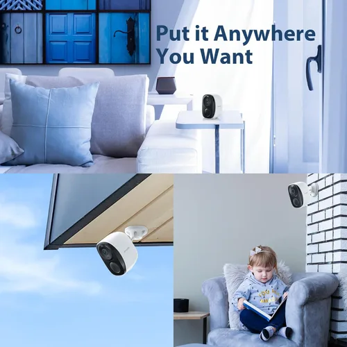 Vista 2 de Zmodo Cámara de seguridad inalámbrica para exteriores, sin cables, recargable, cámara interior alimentada por batería, visión de 100 grados, visión