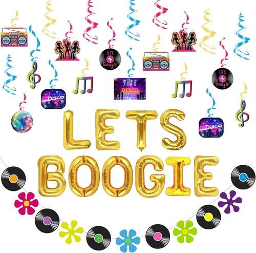 Let's Boogie - Decoraciones de fiesta de Fiesec 70, disco retro de los años 70, decoración de fiesta de disco colgante en espiral de papel de