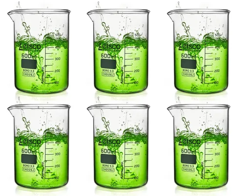Vista 2 de EISCO Vasos de precipitados de 20.3 fl oz, forma baja con boquilla, color blanco, graduaciones de 1.7 fl oz, vidrio de borosilicato 3.3