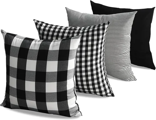 CARRIE HOME Juego de 4 fundas de almohada a cuadros blancos y negros de 18 x 18 pulgadas para exteriores, decoración de granja a cuadros de búfalo