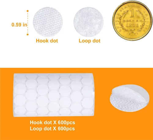 Vista 3 de Puntos autoadhesivos - 1200 unidades (600 pares) de 1,5 cm de diámetro, puntos de velcro adhesivos impermeables para la escuela, la oficina