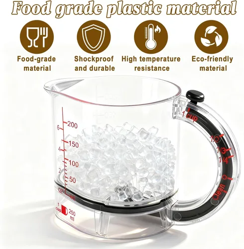 Vista 5 de Taza medidora ajustable 4 en 1, tazas medidoras multifuncionales todo en uno con base ajustable y raspador para ingredientes pegajosos húmedos