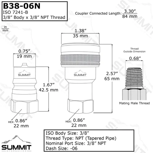 Vista 2 de Summit Hydraulics Juego de acoplamiento/acoplador hidráulico de desconexión rápida NPT ISO 7241-B de 3/8