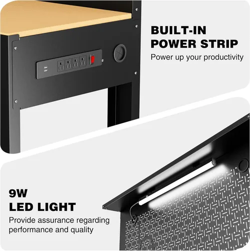 Vista 6 de WORKPRO Banco de trabajo de garaje con almacenamiento, banco de trabajo de 45 pulgadas con tablero de clavijas, tomas de corriente y luz, banco