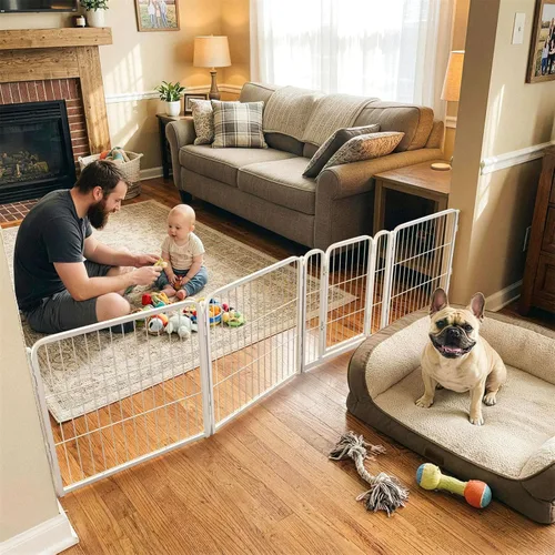 Vista 24 de FXW Puerta para perros extra ancha diseñada para uso en interiores, ancho ajustable de hasta 165 pulgadas de ancho