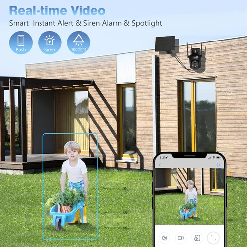 Vista 2 de Xega Cámara de seguridad solar WiFi, cámara IP inalámbrica PTZ HD para exteriores, batería recargable de vigilancia con panel solar