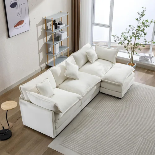 Vista 7 de Sofá modular de felpilla con tapicería en forma de L, sofá modular de 4 asientos con otomana extraíble y 5 almohadas para sala de estar, apartamento