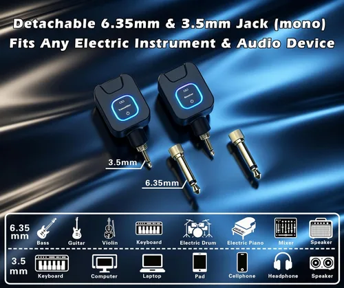 Vista 2 de Sistema de audio inalámbrico de 5.8 GHz con transmisor y receptor de bajo y guitarra con estuche de carga, 6 canales, conector desmontable de 0.250
