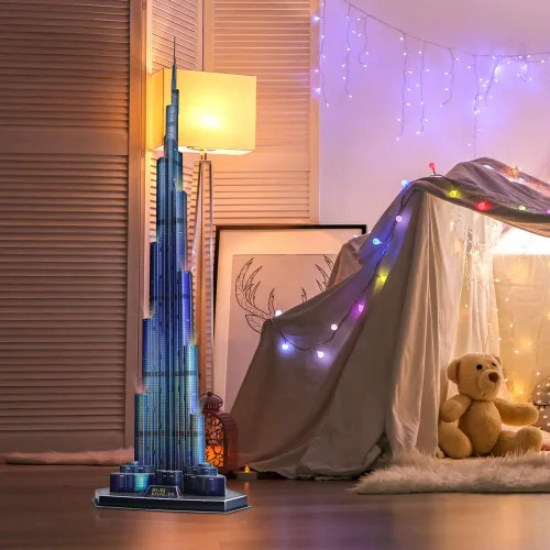 Vista 5 de CubicFun Rompecabezas 3D LED Dubai Burj Khalifa 57.5" H Kits de Modelos de Edificios de Arquitectura para Adultos, Decoración de Recuerdo y Regalos