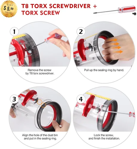 Vista 7 de Parte del contenedor de polvo - Anillo de sellado de repuesto compatible con aspiradora Dyson Cyclone V10 SV12, parte de copa de suciedad