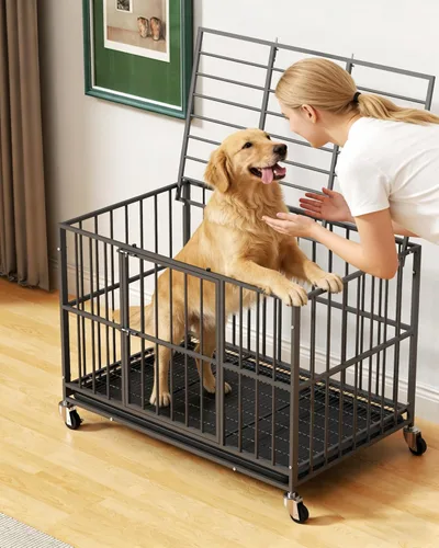 Vista 5 de Jaula para perros resistente de 48 pulgadas con puertas dobles y ruedas con cerradura, perrera grande para interiores, bandeja extraíble para una