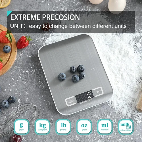 Vista 4 de Báscula digital de cocina, báscula de alimentos para hornear carne, unidad de gramo oz libra hasta 11 libras (0.04 oz-11.0 lbs), acero inoxidable
