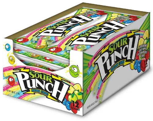 Sour Punch Pajitas, sabores arcoíris, bandeja de 4.5 onzas (paquete de 12), limón, manzana, fresa y frambuesa azul caramelo suave y masticable