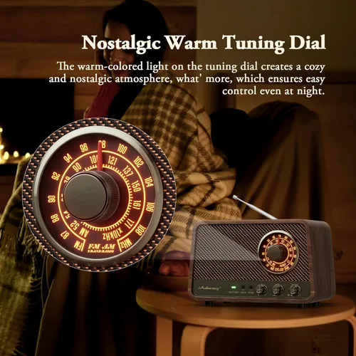Vista 14 de Radio Bluetooth AM FM de madera vintage con sonido potente de 10 vatios, radio con altavoz Bluetooth retro con esfera suave brillante, control