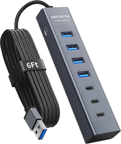Vista 9 de Concentrador USB 3.0 de 4 pies con 7 puertos para escritorio, 4 puertos USB-A y 3 puertos USB-C de aluminio, concentrador extensor USB de 5 Gbps