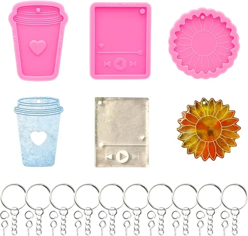 Kit de moldes de resina de silicona de 43 piezas – Sun Flower Media Player forma de taza de café con agujero llavero molde chocolate caramelo