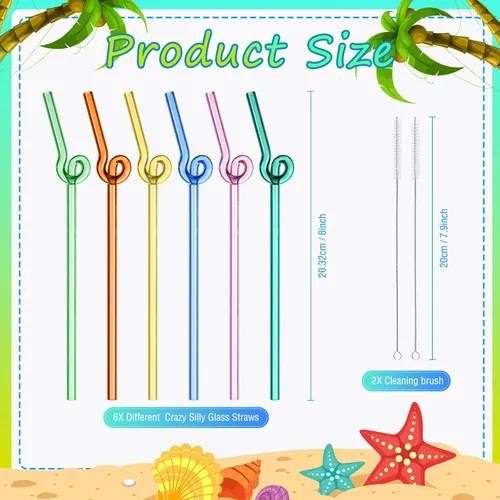 Vista 2 de 6 popotes de vidrio ondulado, reutilizables, curvados, resistentes a los golpes, con 2 cepillos de limpieza, popotes de vidrio de borosilicato