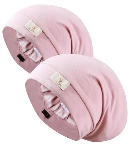 Vista 8 de SECZIPE 2 piezas de cofia de satén de seda para envolver el cabello para dormir, con correa ajustable para cabello rizado, gorras nocturnas Negro