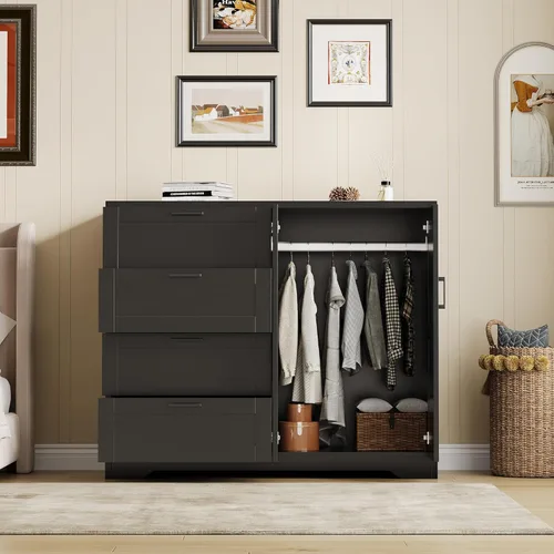 Vista 3 de GarveeHome Cómoda de madera multifuncional para dormitorio, 43.3 pulgadas de alto, armario ropero de 2 puertas con 4 cajones y barra para colgar