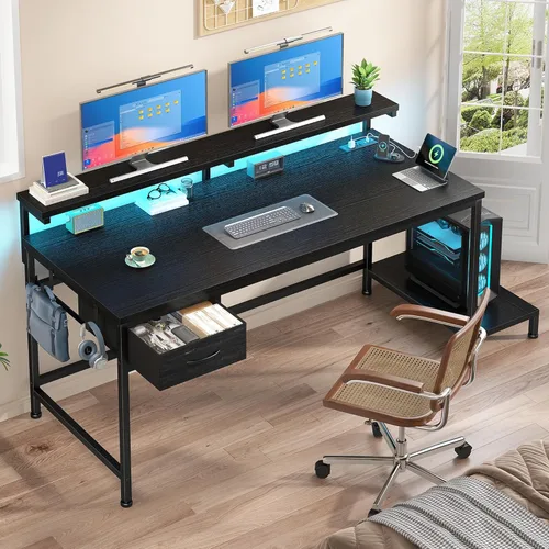 Vista 9 de DurayLoly Escritorio para juegos de 39.3 pulgadas con toma de corriente y luces LED, escritorio de computadora con soporte de monitor ajustable