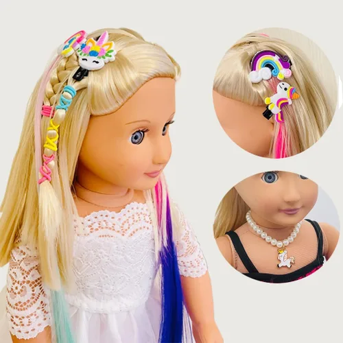 Vista 8 de Accesorios para el cabello de muñeca de 18 pulgadas para muñecas American OG, cepillo de pelo, kit de unicornio arco iris, accesorios para niñas