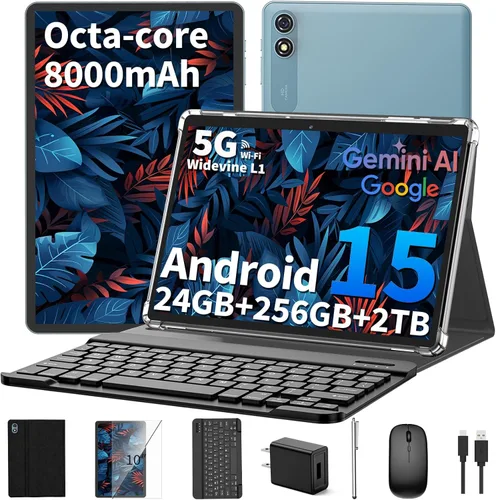 Tablet Android 15 de 10 pulgadas, tableta 2026 con teclado, 24 GB+256 GB+2 TB expandir, tabletas 2 en 1 con 8 núcleos, WiFi 5G, 8000 mAh, BT5.0,