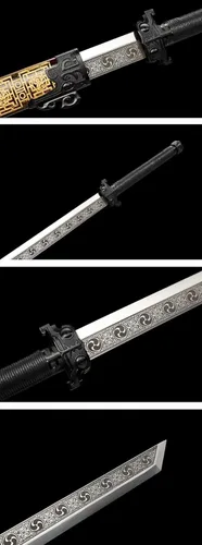 Vista 9 de Espada china, sable táctico, Tang DAO (cuchillas de grabado de acero de alto carbono forjadas, accesorios de aleación, vaina)