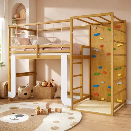 Vista 8 de KOMFOTT Twin Bunk Bed with Jungle Gym, Kids Loft Bed with Rock Wall,Natural