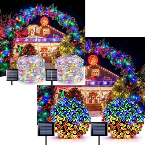 JMEXSUSS Paquete de 2 luces solares de hadas de 100 LED, 2 paquetes de 200 luces LED solares de Navidad impermeables para exteriores