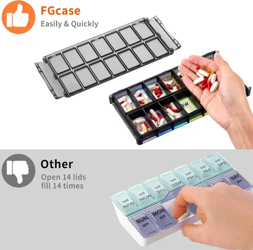 Vista 6 de FGcase - Pastillero extragrande 2 veces al día, pastillero FGcase Easy Fill AM PM, gran capacidad, recarga rápida de 7 días para pastillas