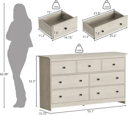 Vista 16 de Cómoda negra de 7 cajones para dormitorio, cómoda de madera de 55 pulgadas de ancho con asas doradas, organizador moderno y grande para sala