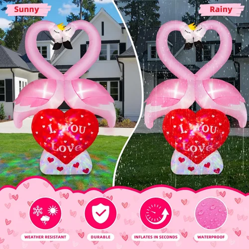 Vista 5 de Cisne inflable de pareja de 6 pies con corazón de amor, decoración de patio inflable con luz LED, decoración romántica de corazón para fiesta de San
